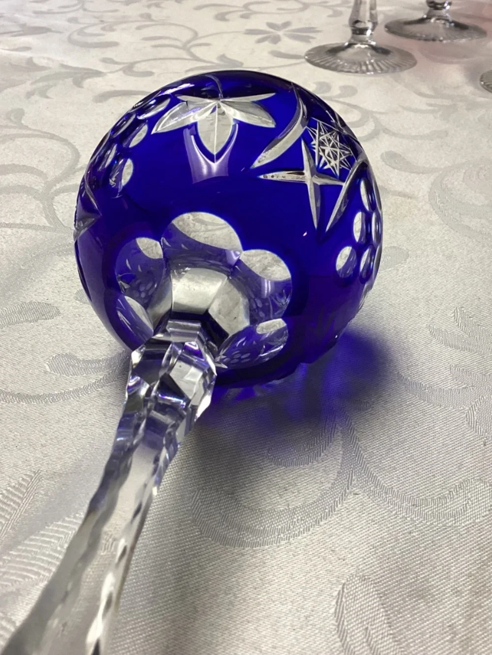 BLUE ETCHED WINE GLASS. COBALT BLUE HOCK
